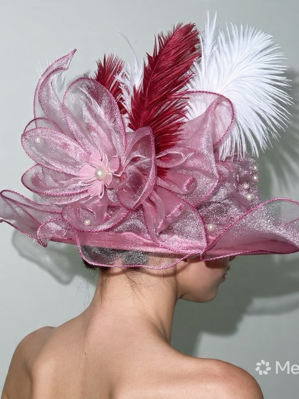 Pink Feathered Organza Dress Hat with Pearl Floral Accent